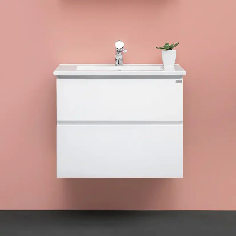 Tvättställsskåp 4AQUA Slim H Med 2 Lådor & GrepplistVit Blank, 790 mm Billigare