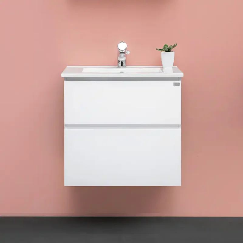 Tvättställsskåp 4AQUA Slim H Med 2 Lådor & GrepplistVit Blank, 595 mm Fynd